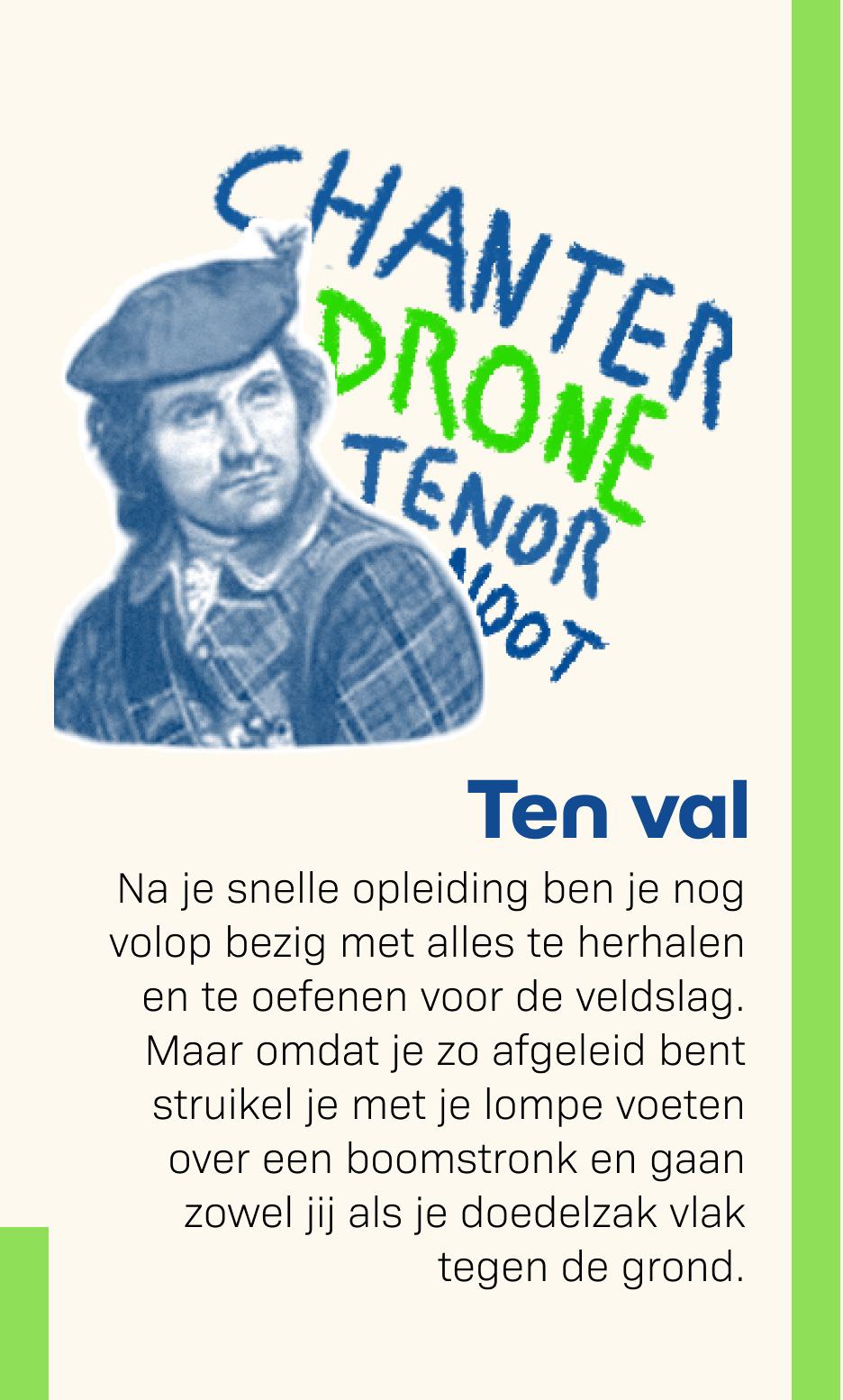 beeld ten val, Schot met tekst achter hem