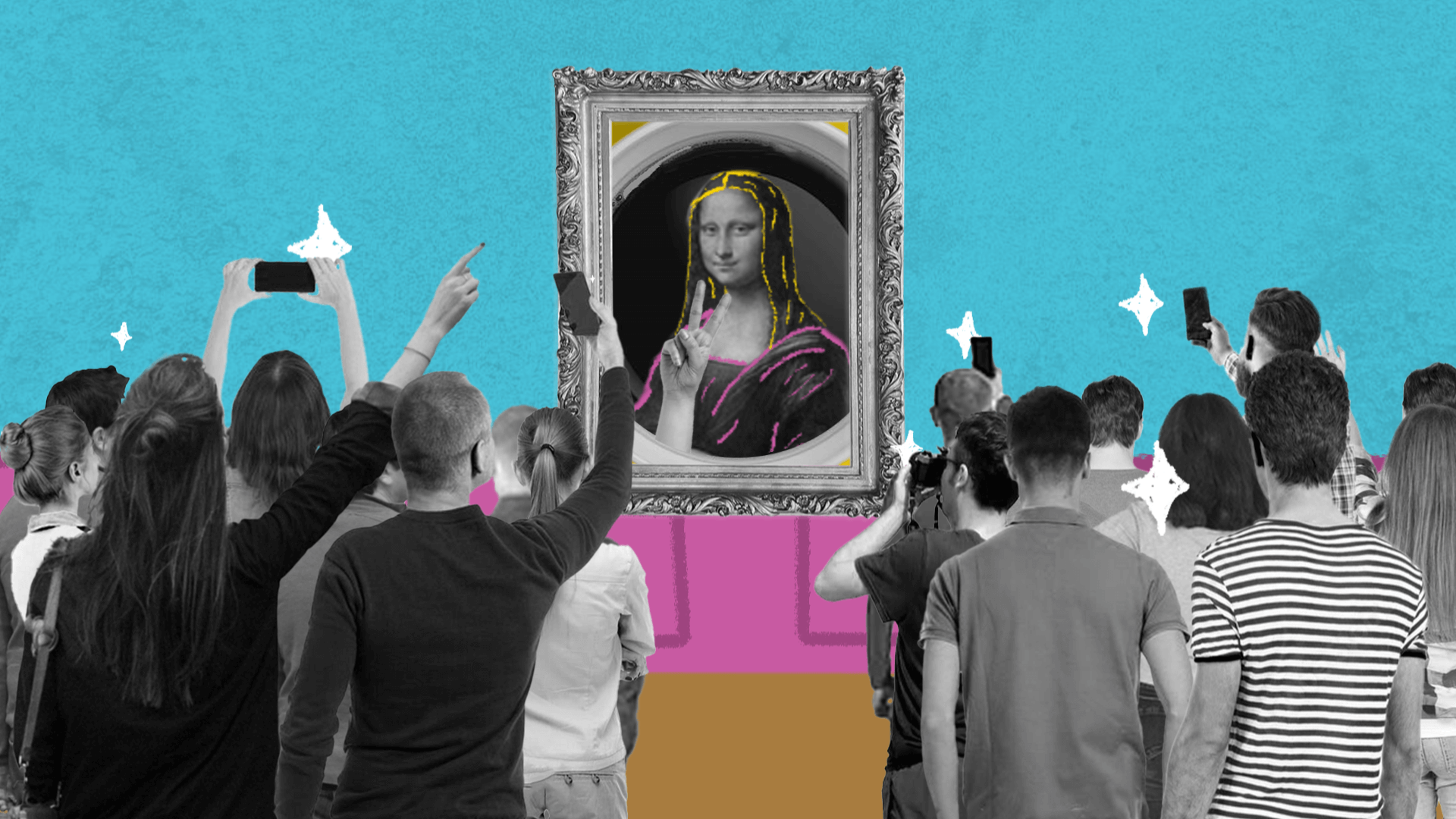 Kop koffie met mona lisa op als kunstwerk in museum met mensen die er foto van nemen