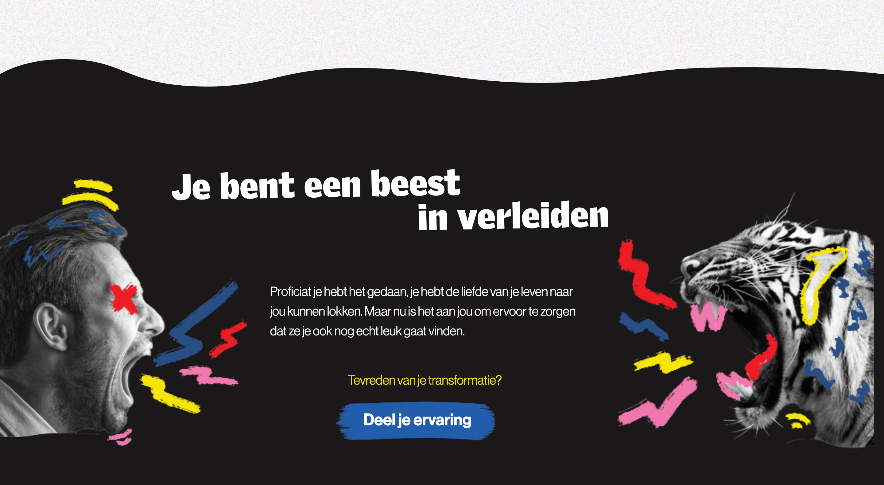 eindbeeld stappenplan, met mens en tijger die tegenover elkaar staan en brullen